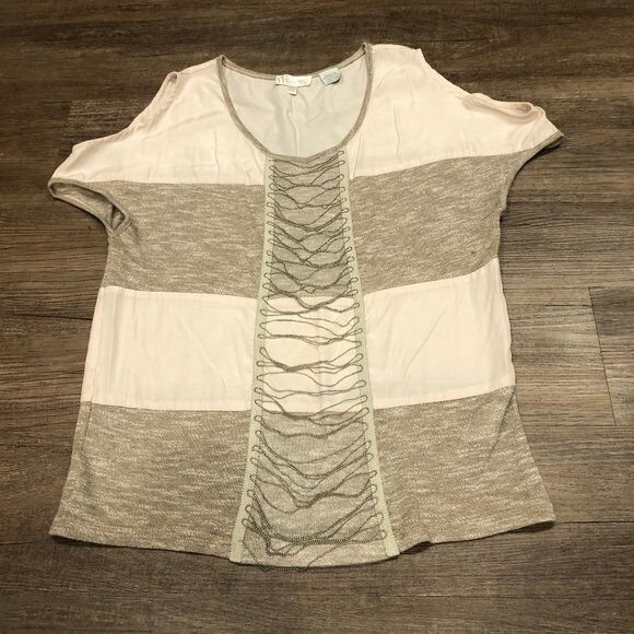 Miss Me Cold Shoulder Blouse Shirt Ball Chain Grunge Detail S SM Small Cream Tan - Picture 4 of 11